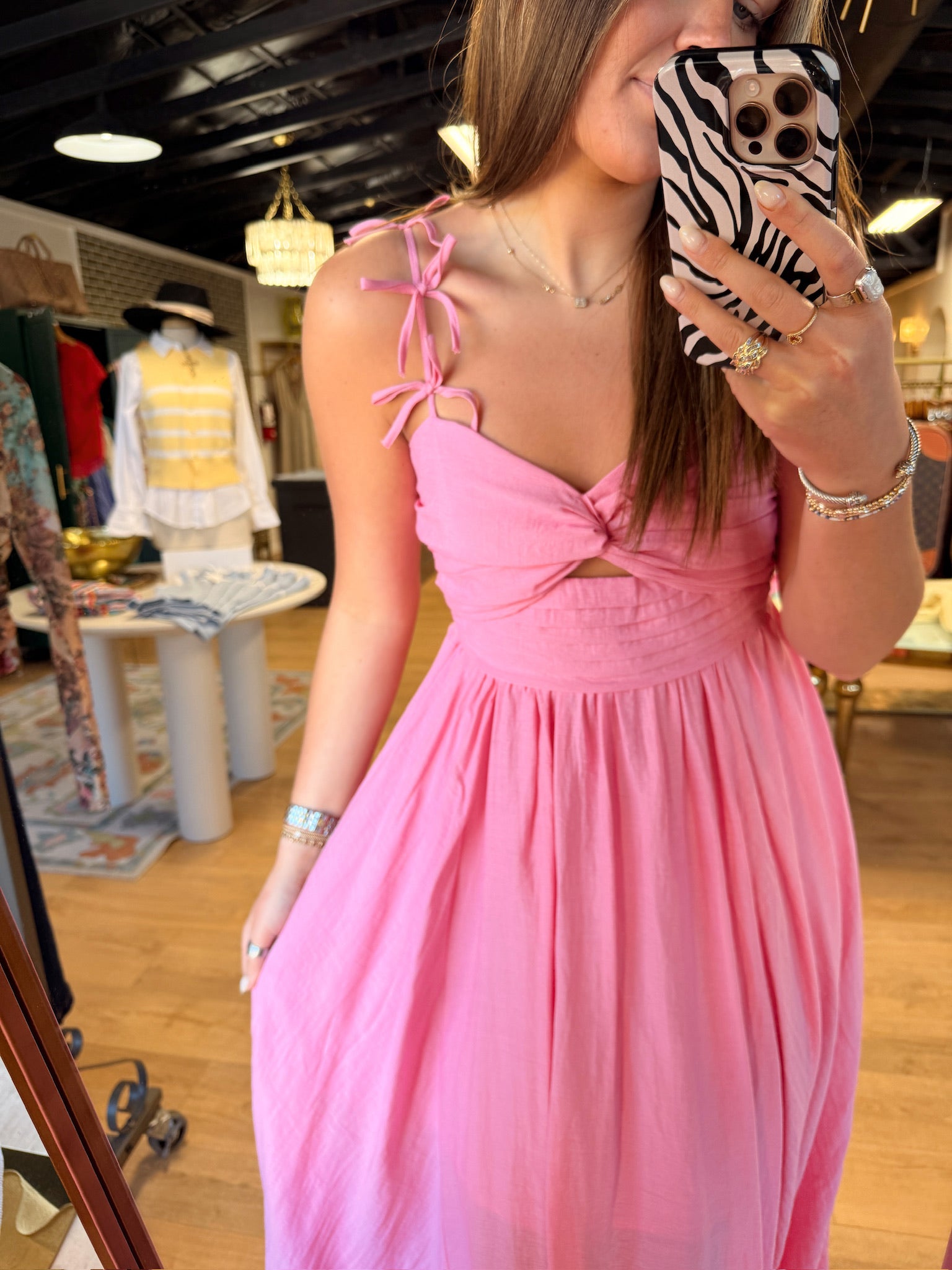 moon river strap bow detail pleated midi dress in pink