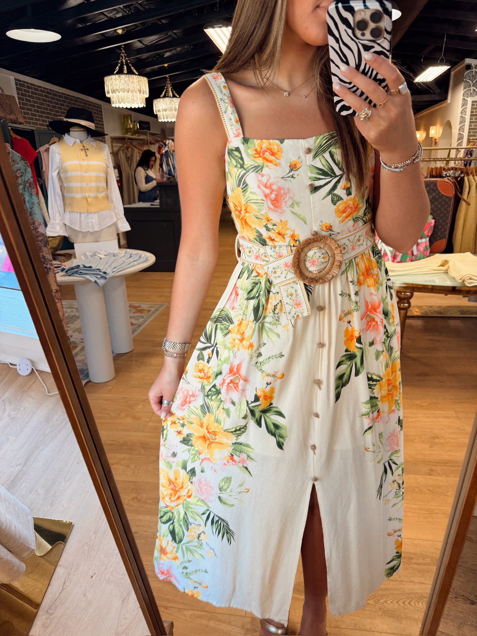 moon river sleeveless square neck floral print belt detail midi dress