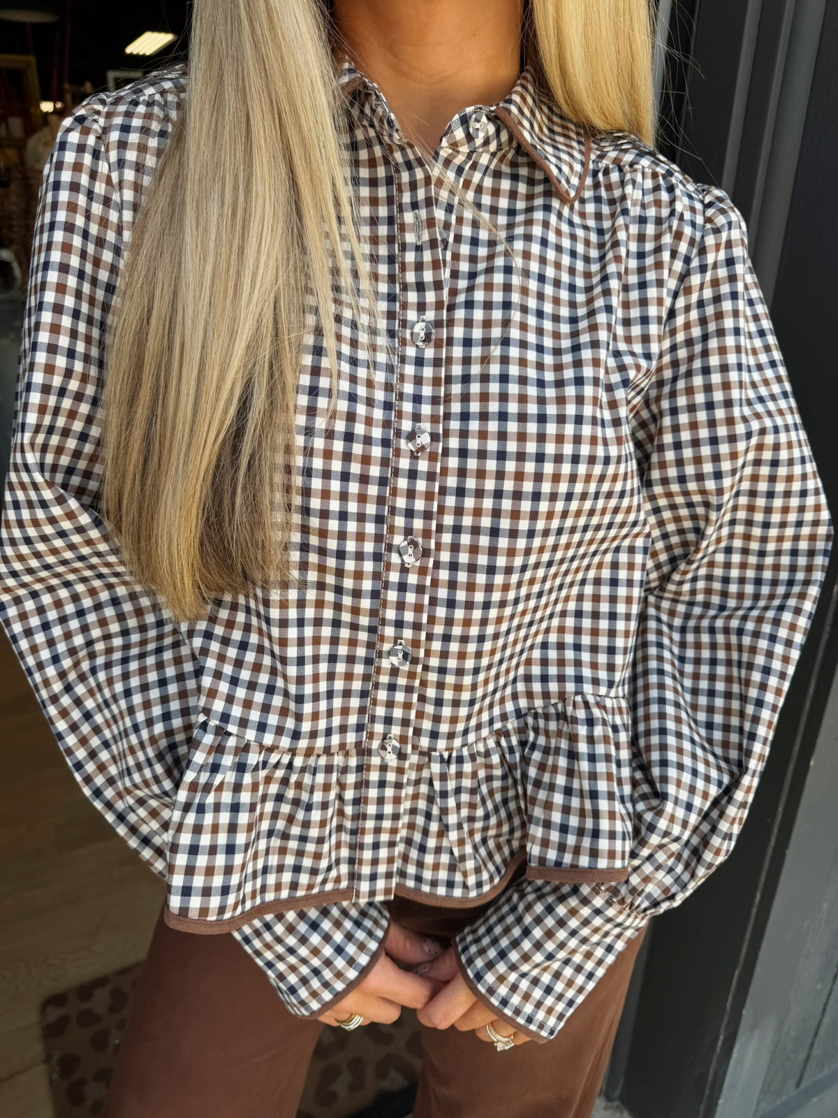 go gingham button down in chocolate combo