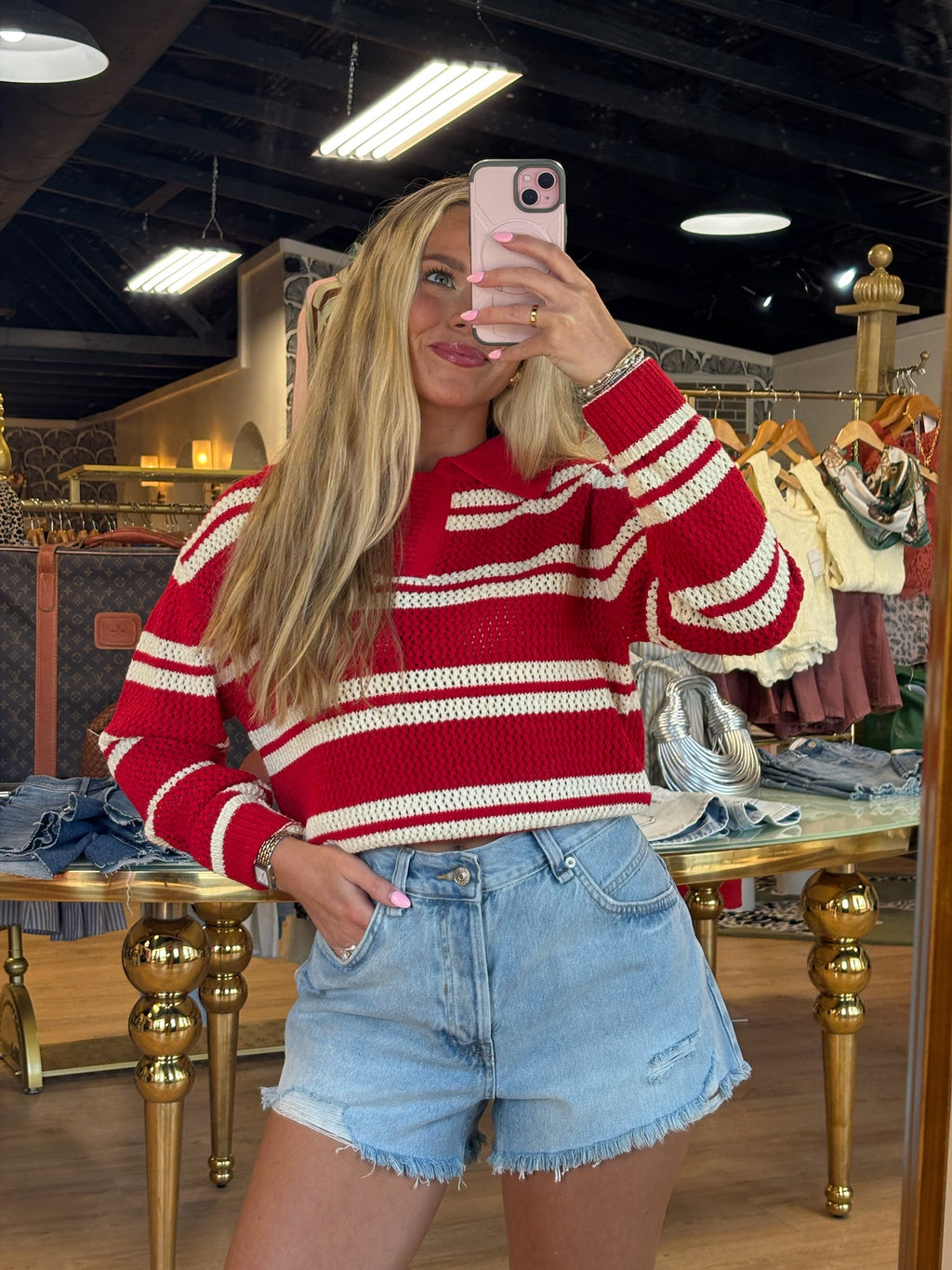 sadie and sage caddle collared sweater in red ivory