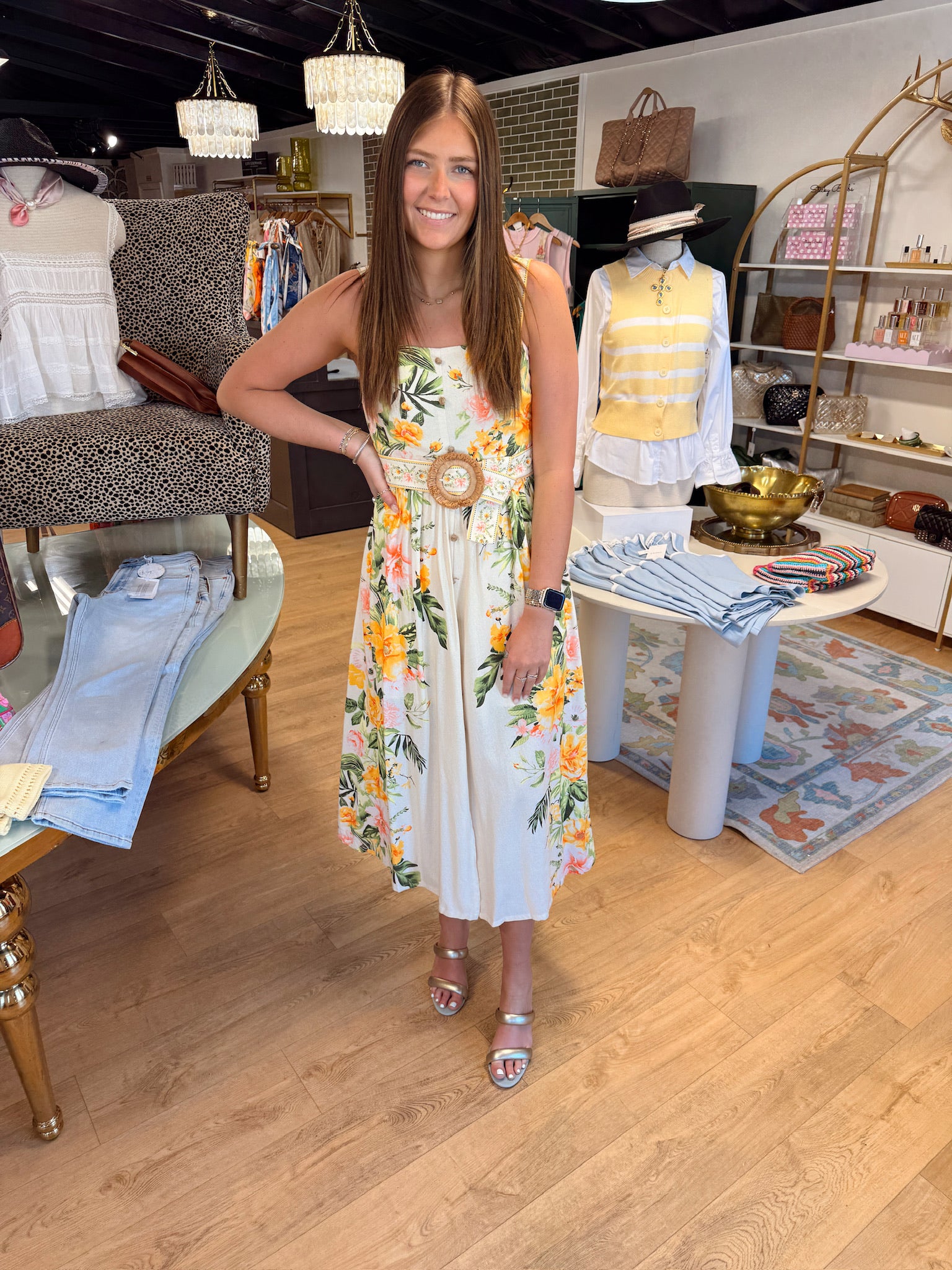moon river sleeveless square neck floral print belt detail midi dress