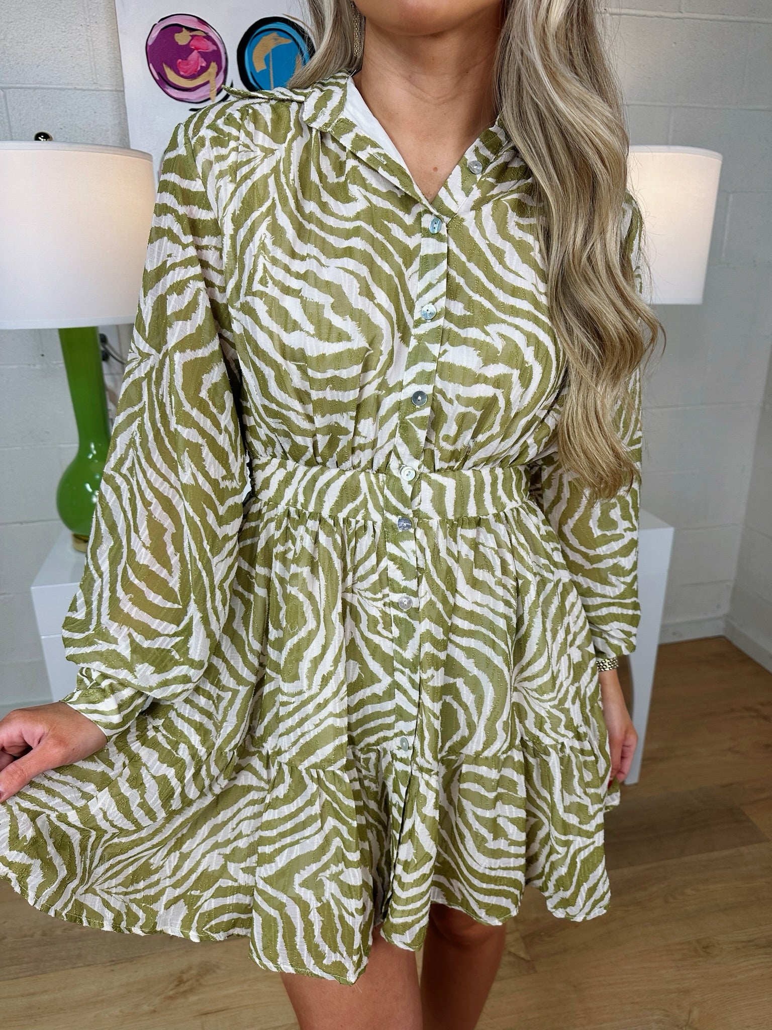 en saison tie front back ruffle mini shirt dress in off white chartreu