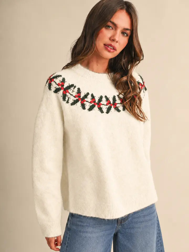 klesis holiday holly sweater in ivory