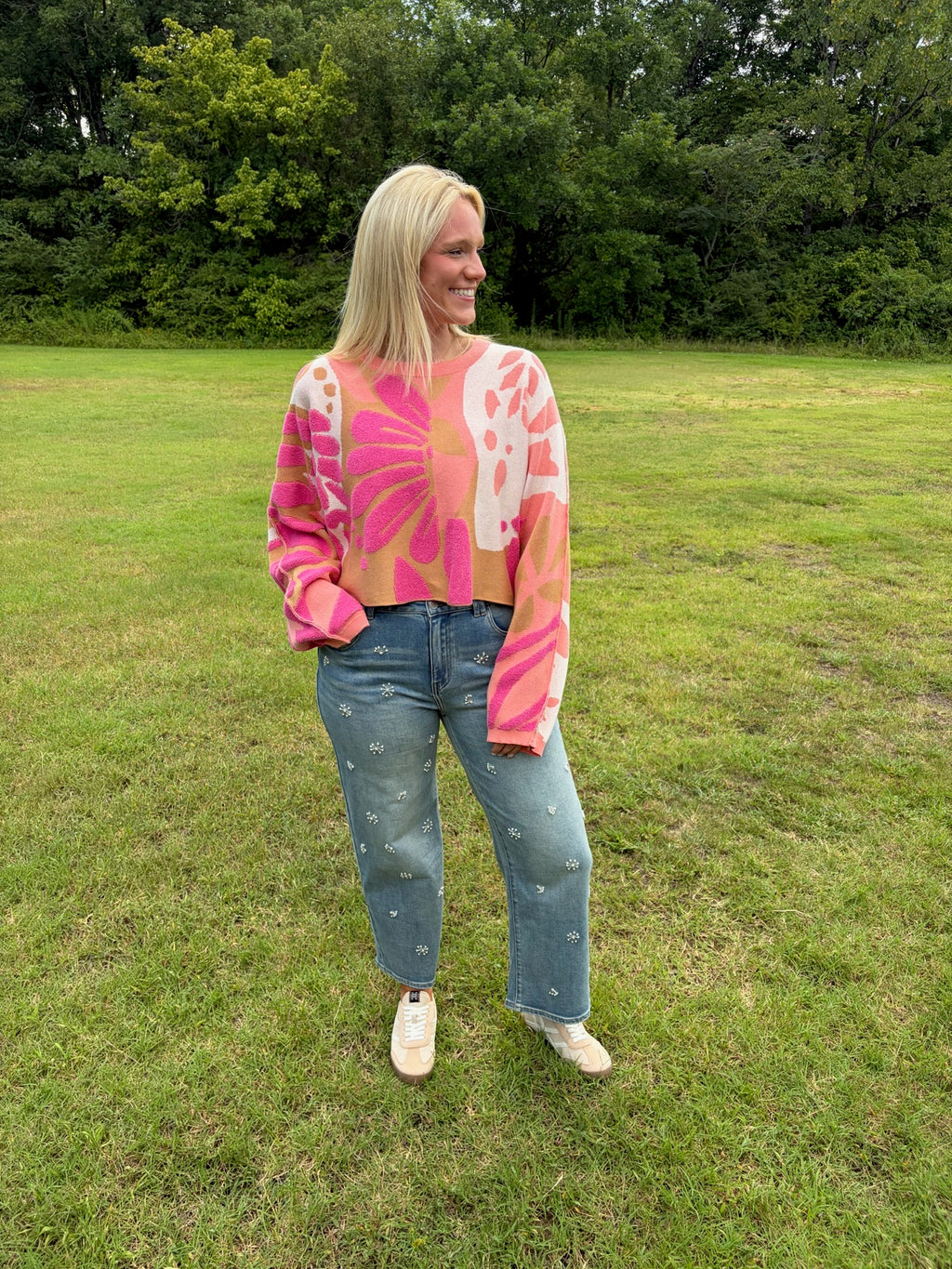 free people mia pullover in coral kiss combo