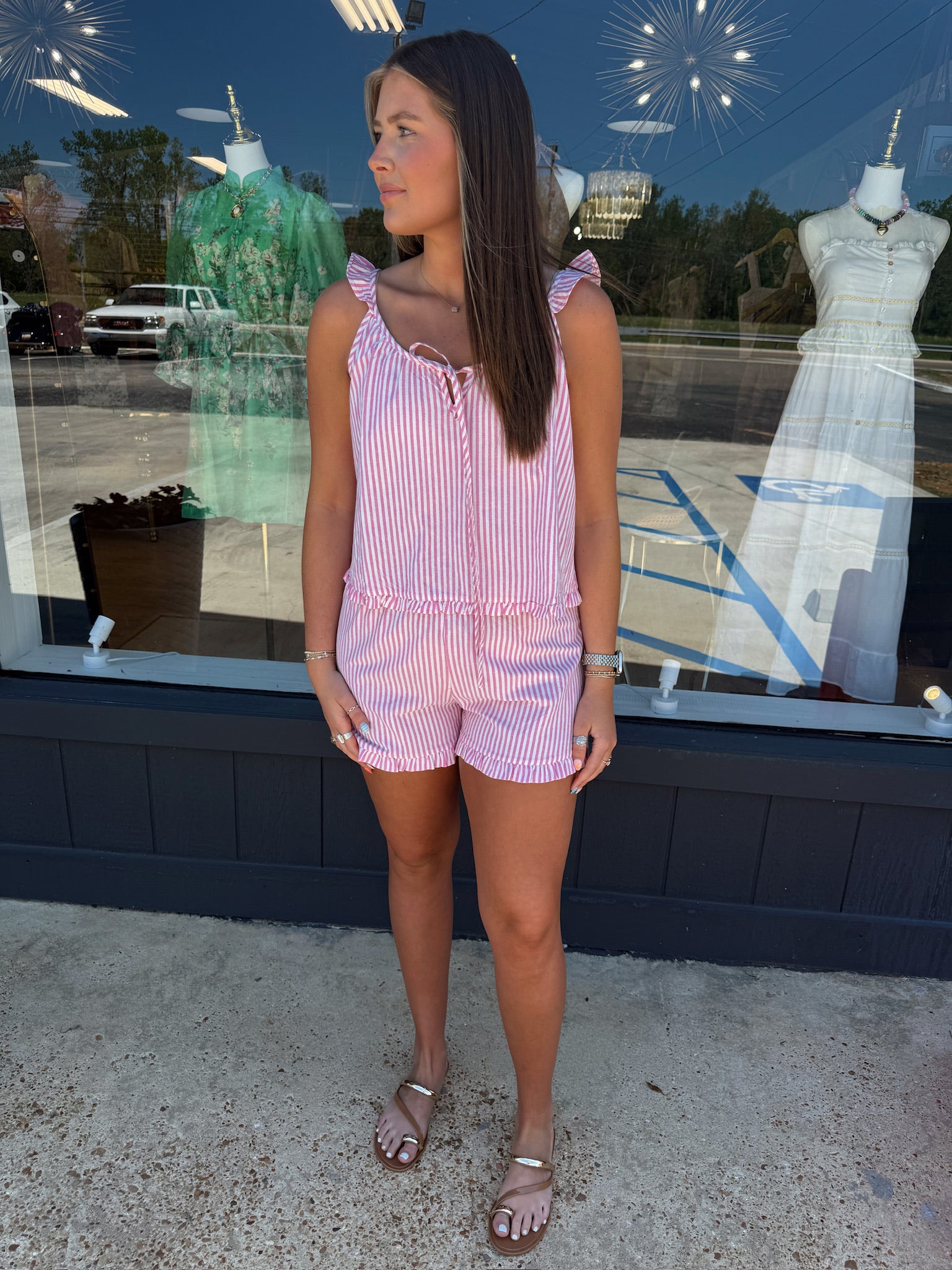 sadie and sage jetset ruffle top and short in pink and ivory