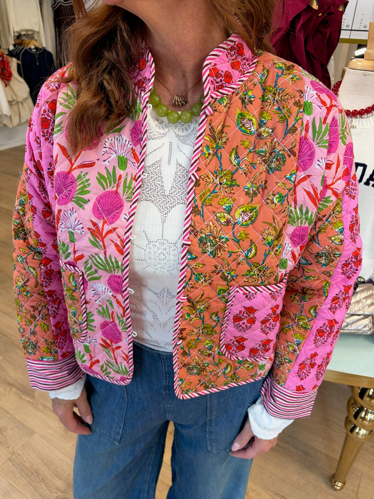 soho patchwork quilted jacket in multi pink