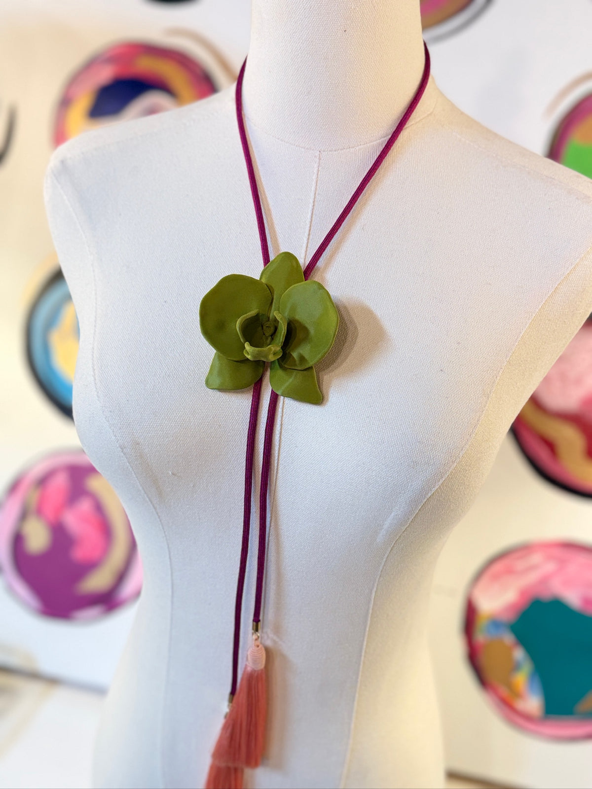 rahya designs || orchid bolo olive green with fuschia & peach