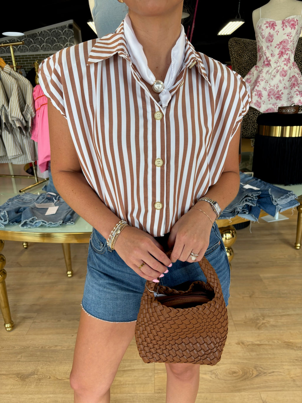 karlie stripe bubble sleeve button up top in brown
