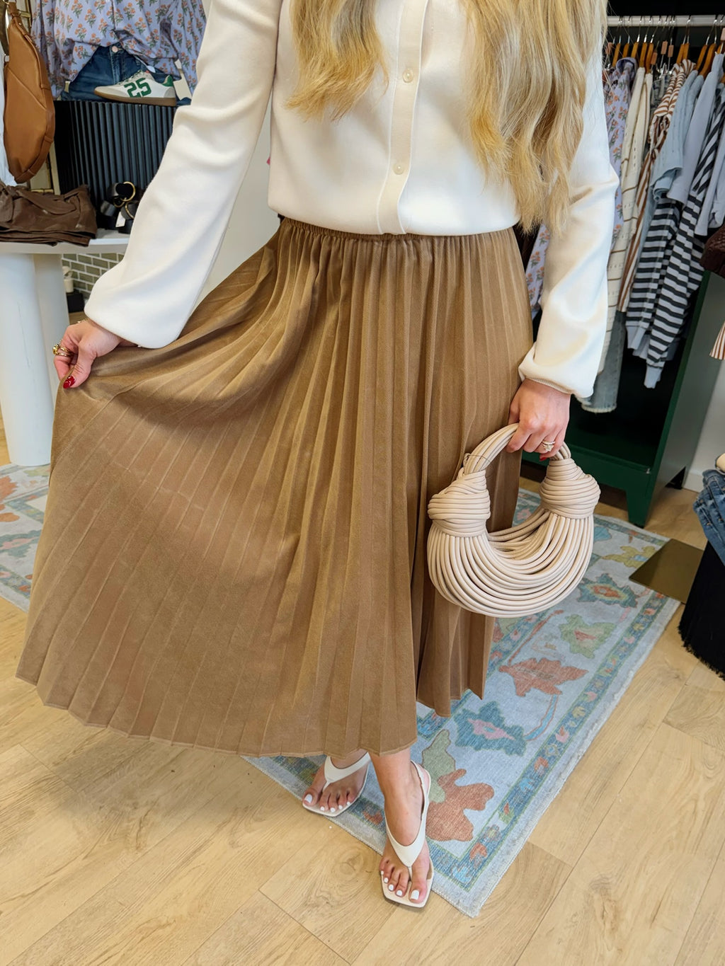 current air pleated swing skirt in light brown corduroy