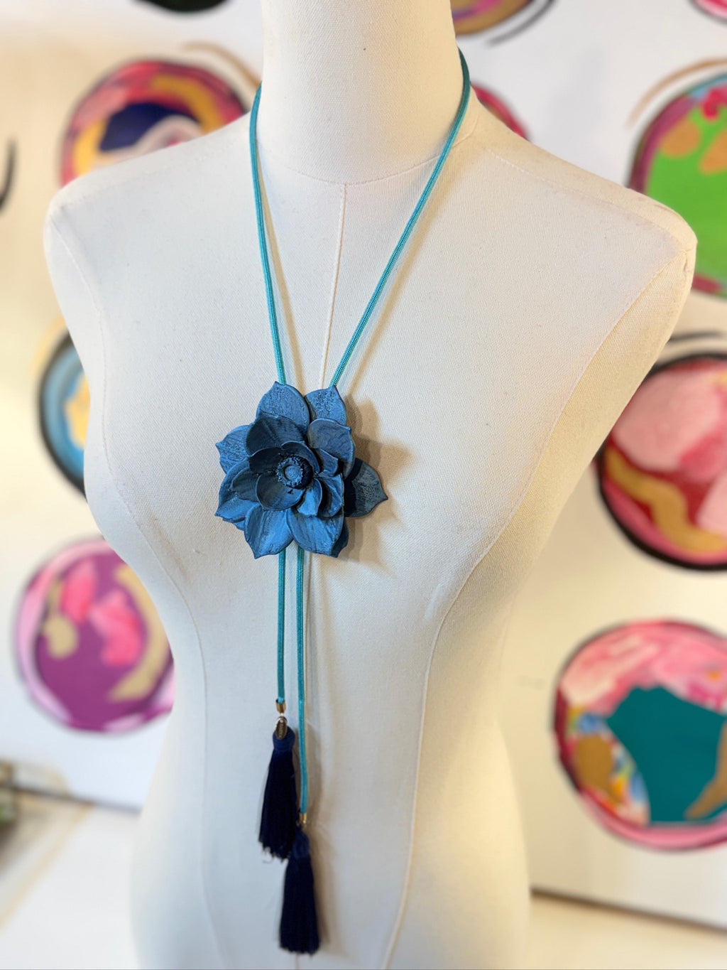 rahya designs || lotus flower bolo storm blue with turquoise & navy