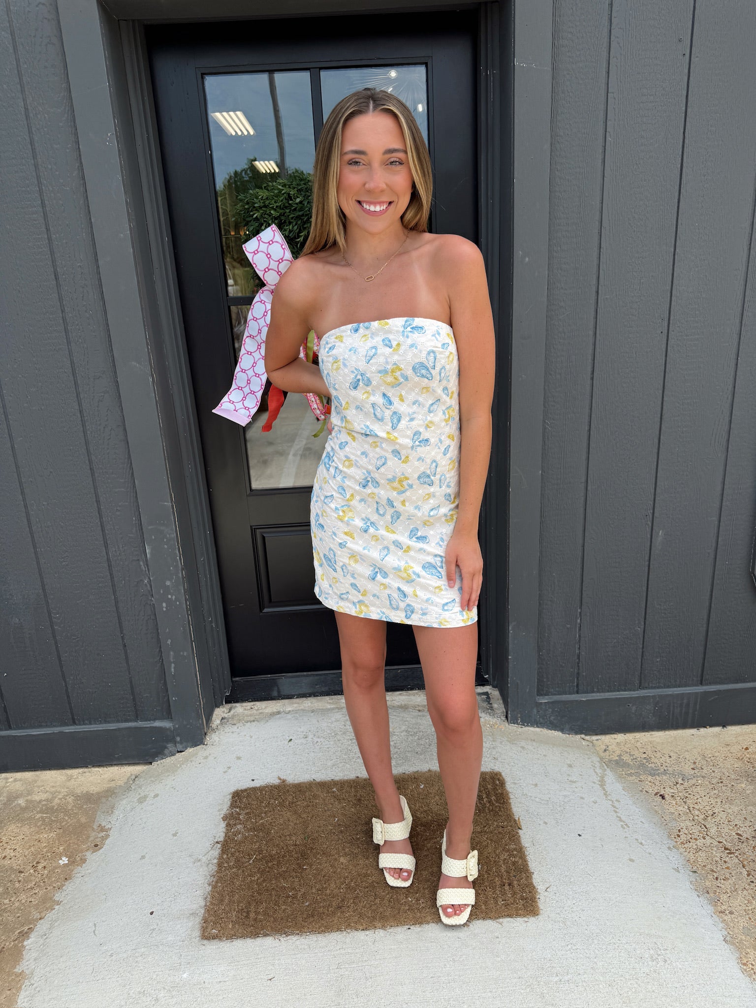 sage the label costal bliss mini dress in dusty blue and ivory