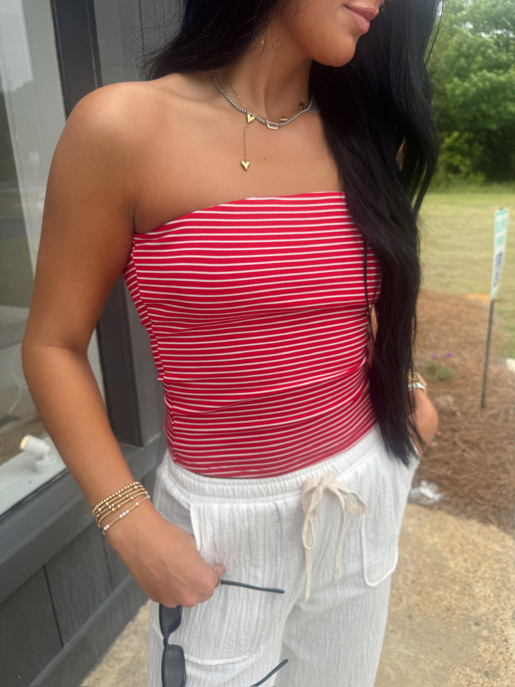 sadie & sage jukebox knit tube top in red white