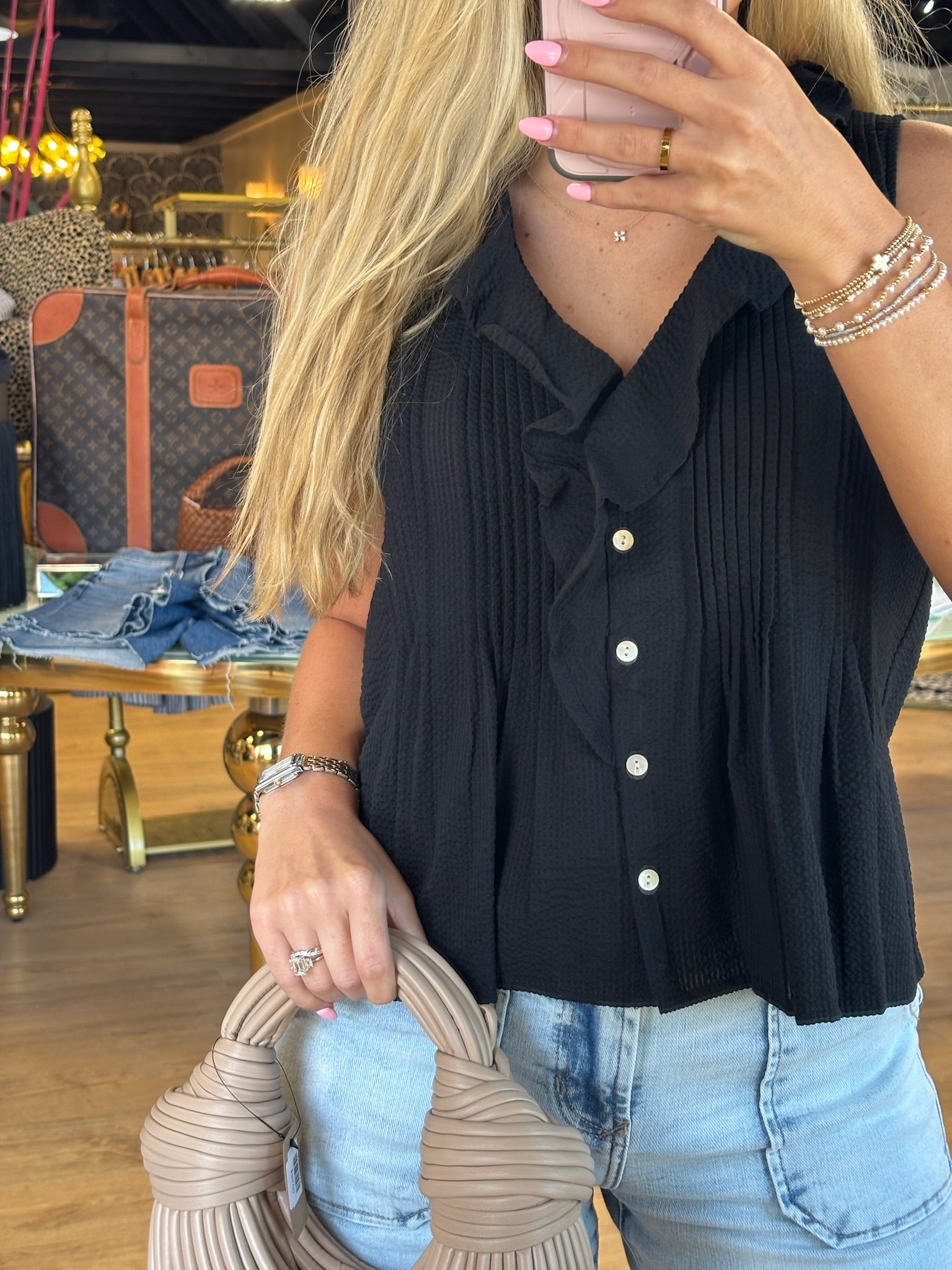 sadie and sage terra ruffle pintuck sleeveless top in black