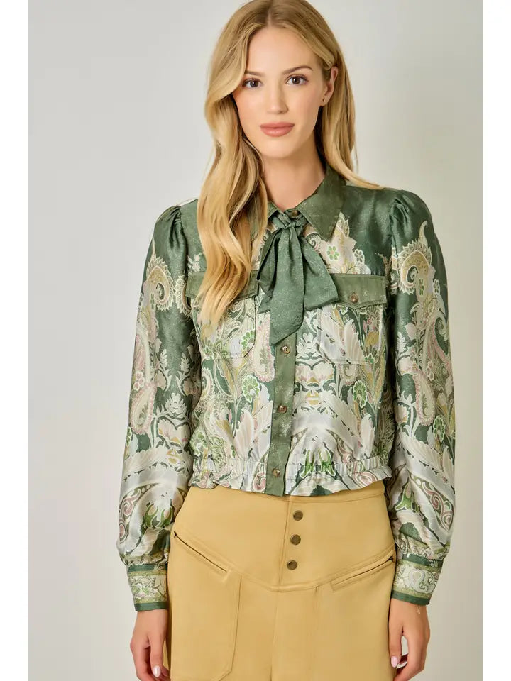 Mystree Paisley Tie Neck Blouse, Olive