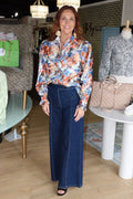 fate floral print ruffle detail placket button blouse in pale green multi