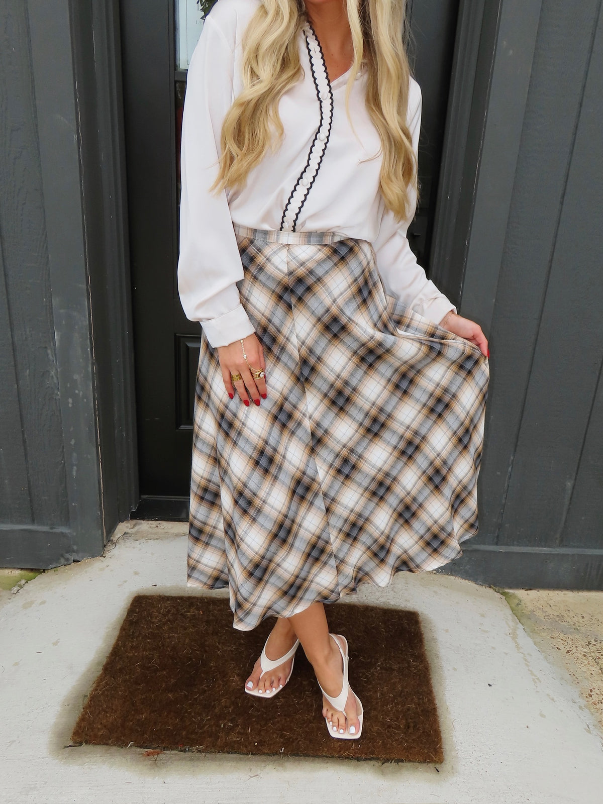 sage the label cambridge midi skirt in navy plaid