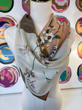 Floral & Square Print Twill Scarf, Brown Multi