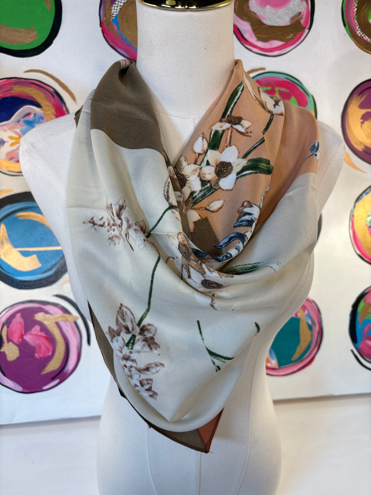 Floral & Square Print Twill Scarf, Brown Multi
