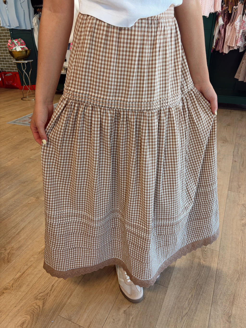 karlie gingham tier maxi skirt in brown and white