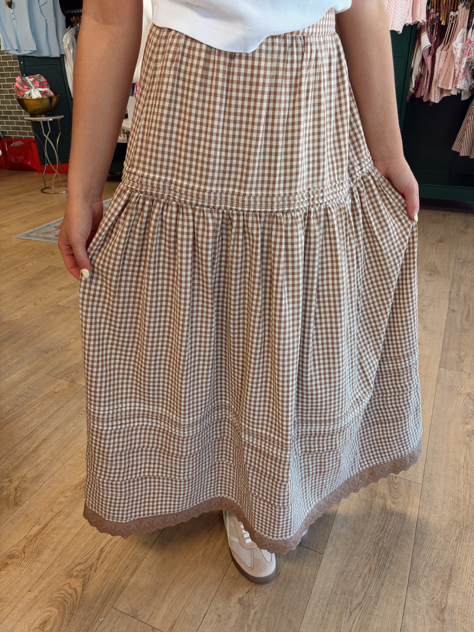 karlie gingham tier maxi skirt in brown and white