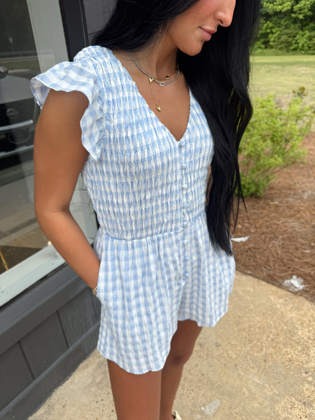 sadie & sage starlet gingham romper in sky-blue