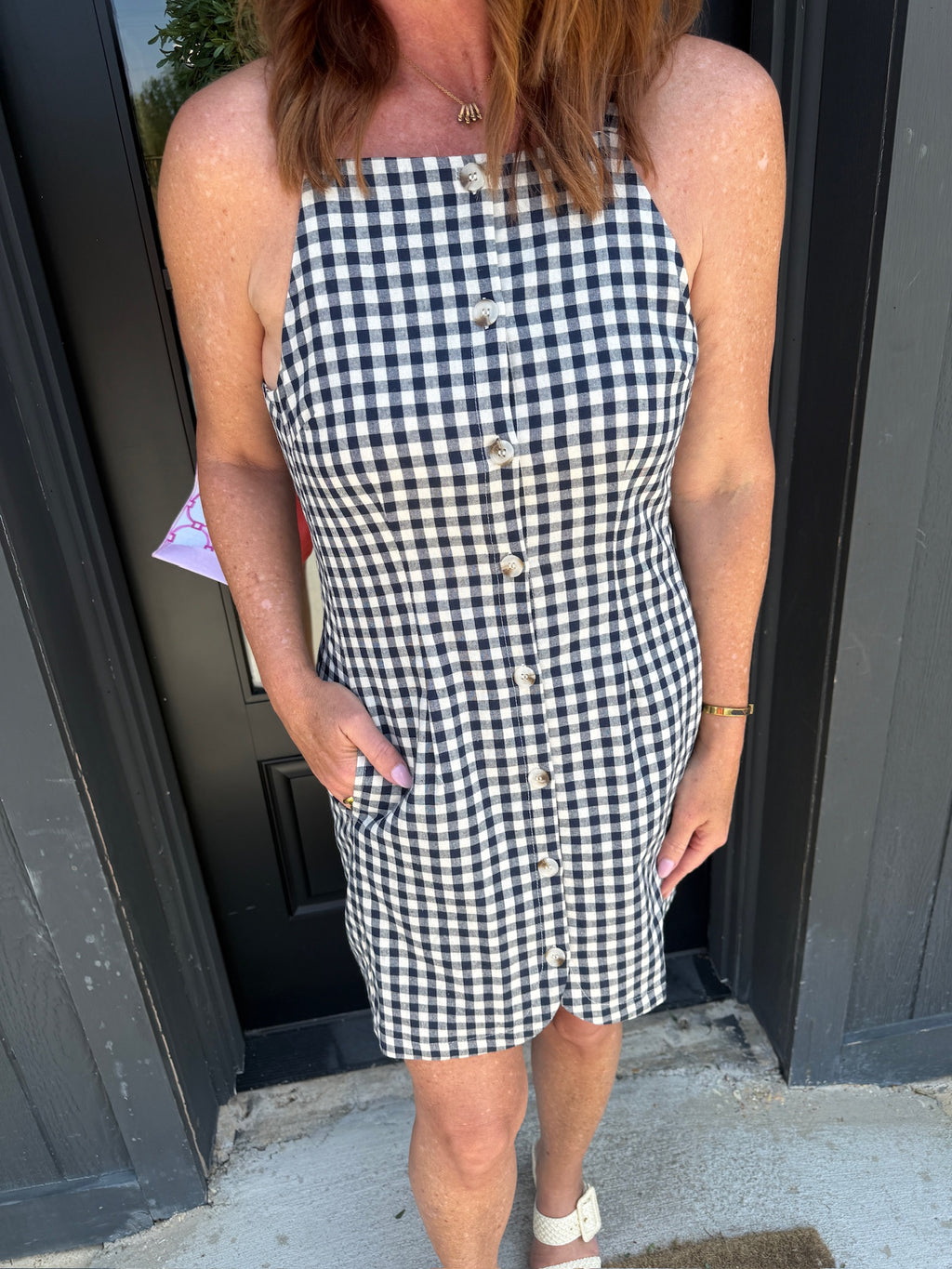 sadie & sage gingham button mini dress in navy