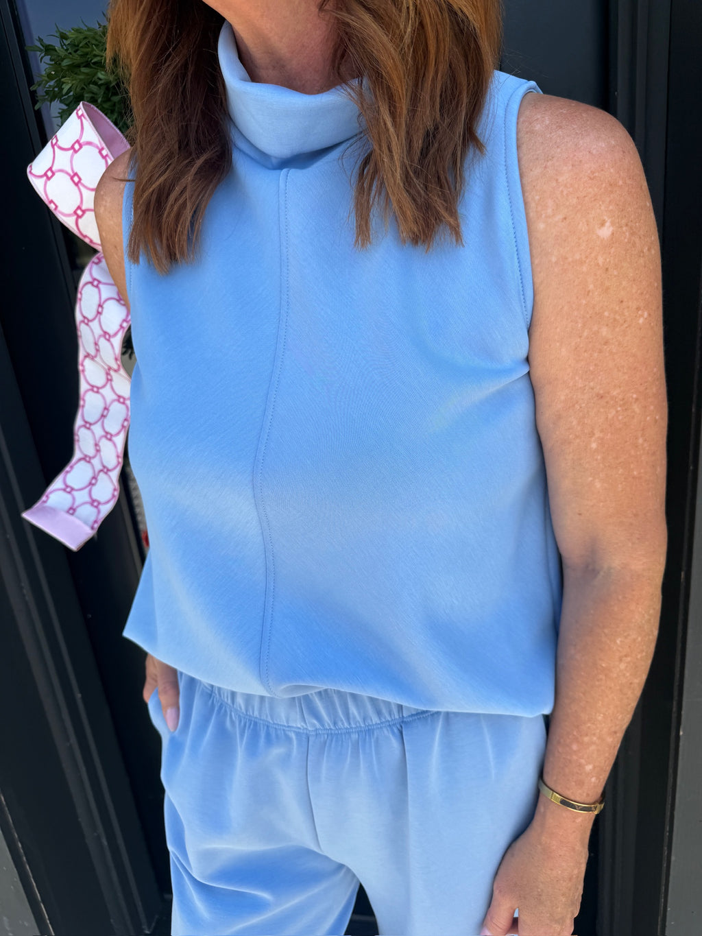 karlie scuba mock neck sleeveless top in powder blue