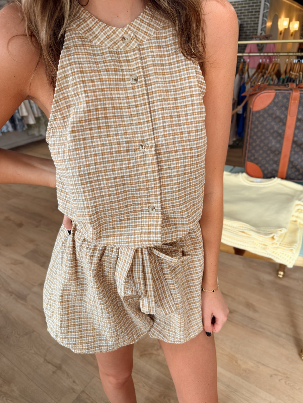 sadie and sage reunion bubble romper in taupe ivory