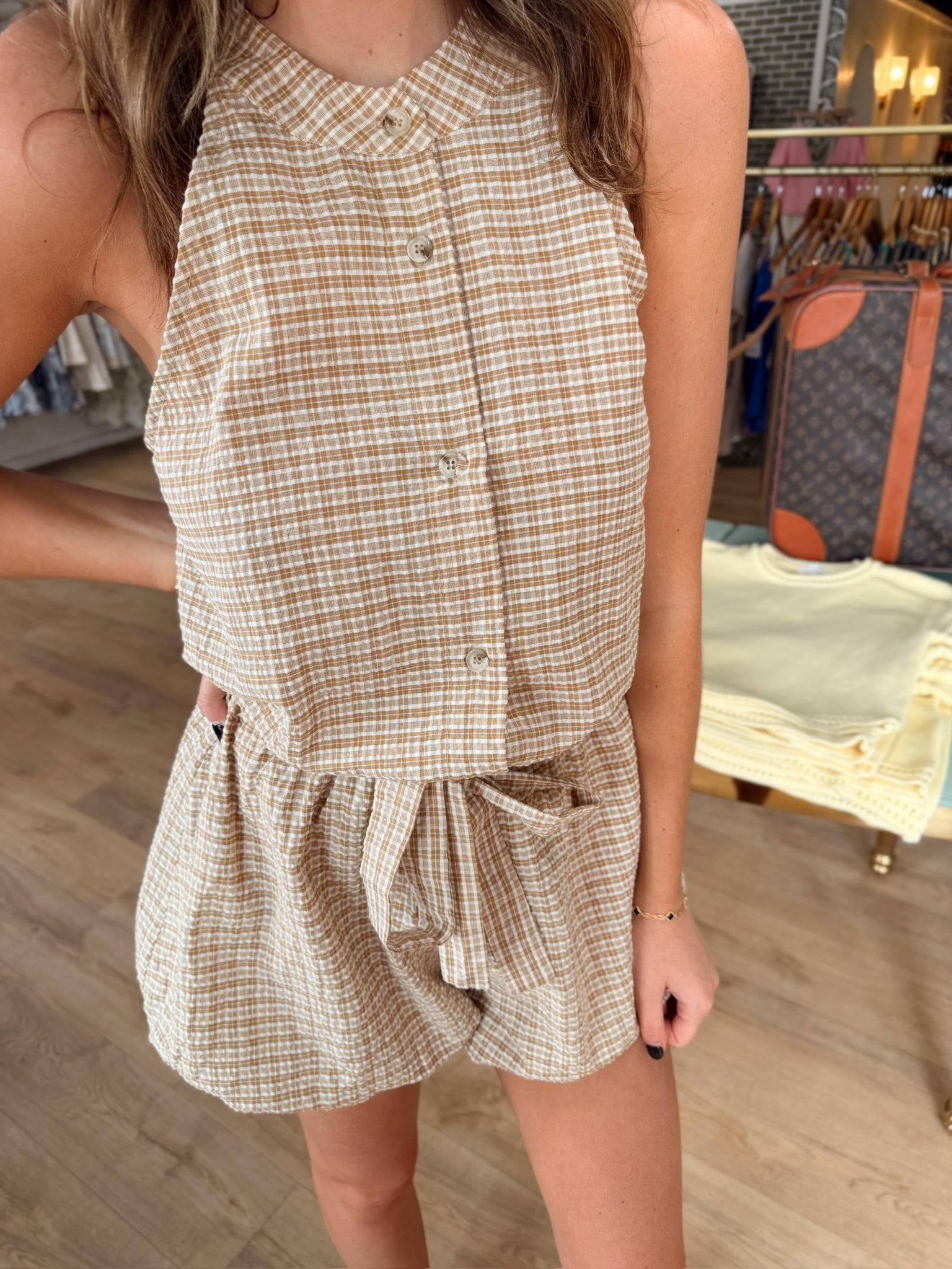 sadie and sage reunion bubble romper in taupe ivory