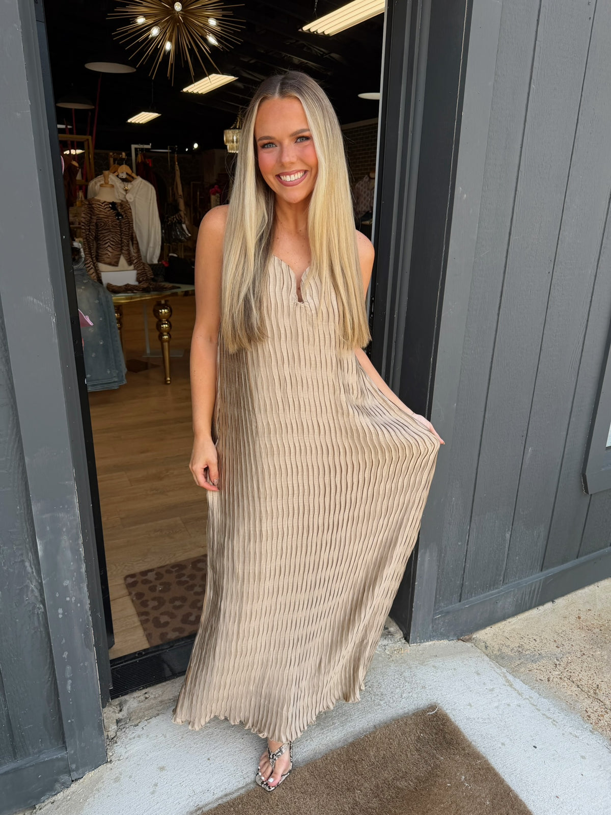 sage the label city daze slip dress in taupe