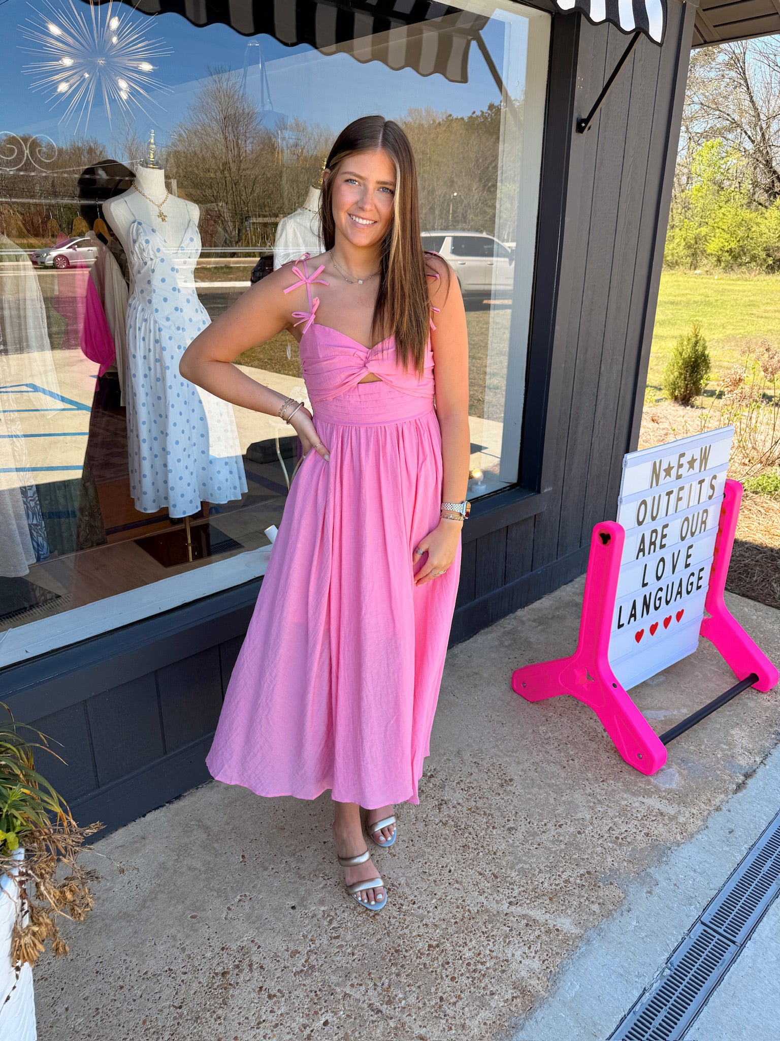 moon river strap bow detail pleated midi dress in pink