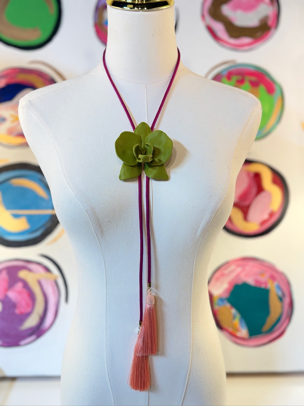 rahya designs || orchid bolo olive green with fuschia & peach