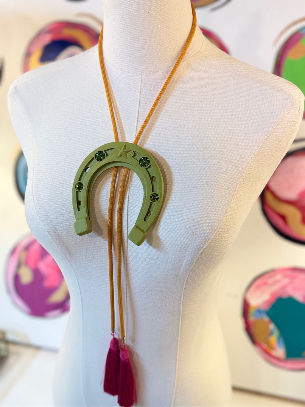 rahya designs || lucky horseshoe bolo olive green with golden yellow & fuschia