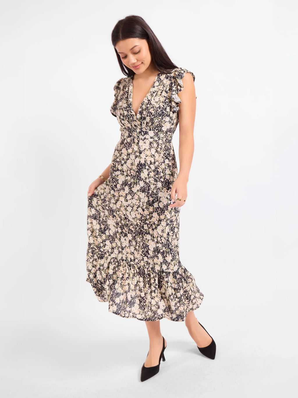 sadie & sage painted fields midi dress in black multi