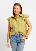 karlie solid poplin bubble sleeve button top in citrin