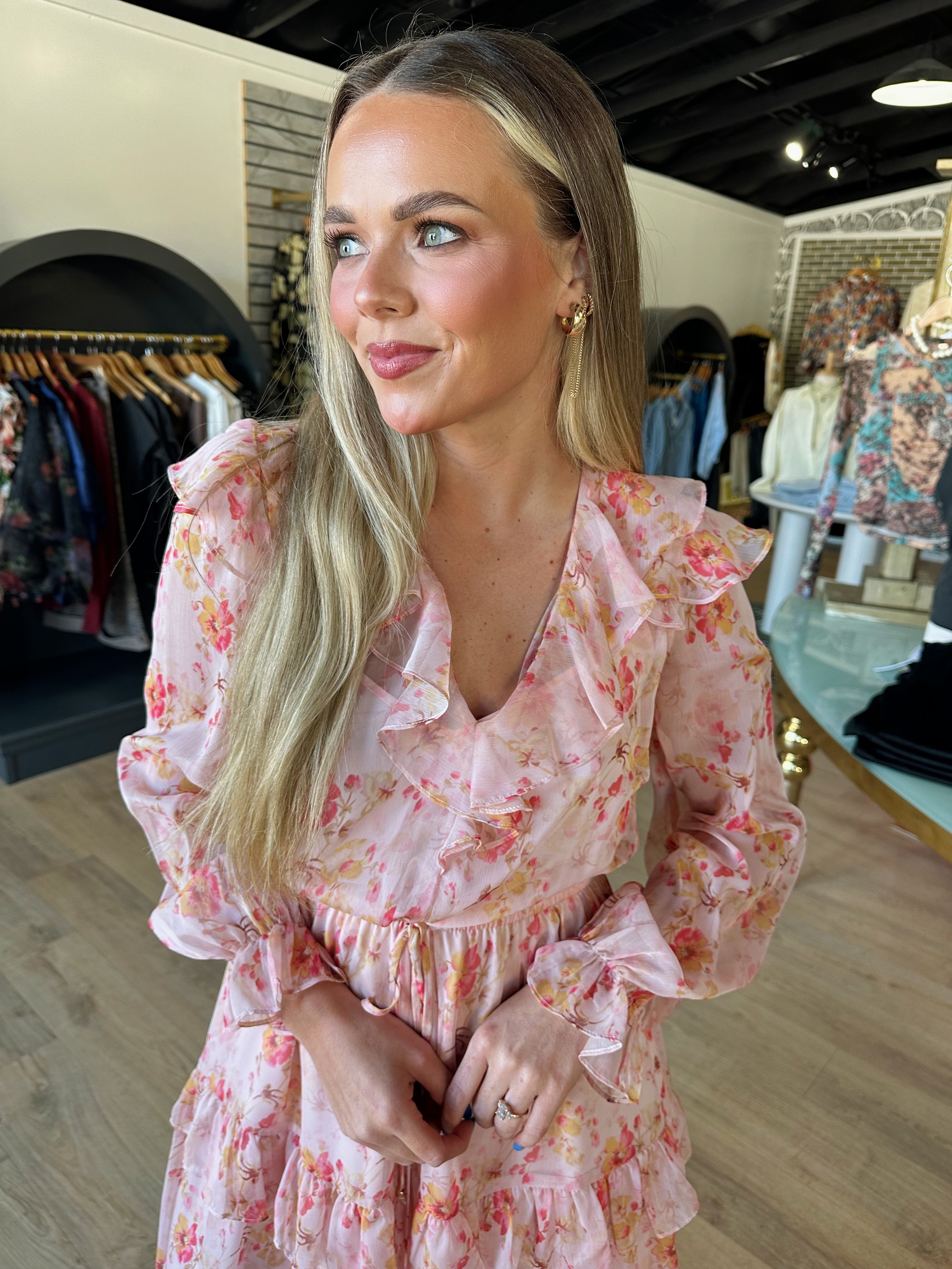 lucy paris felicity tiered dress in pink floral