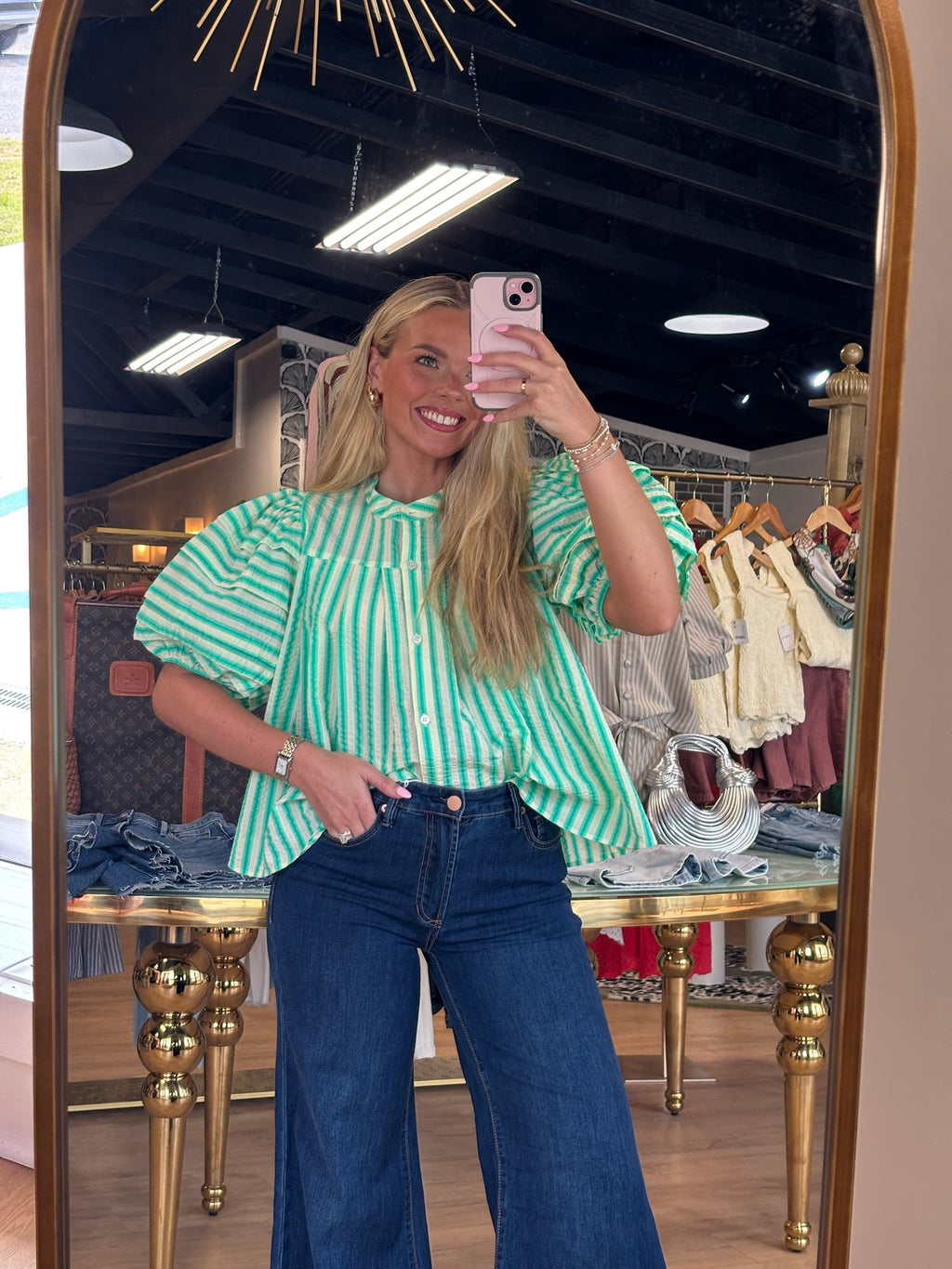 Karlie seersucker stripe pleat sleeve top in green