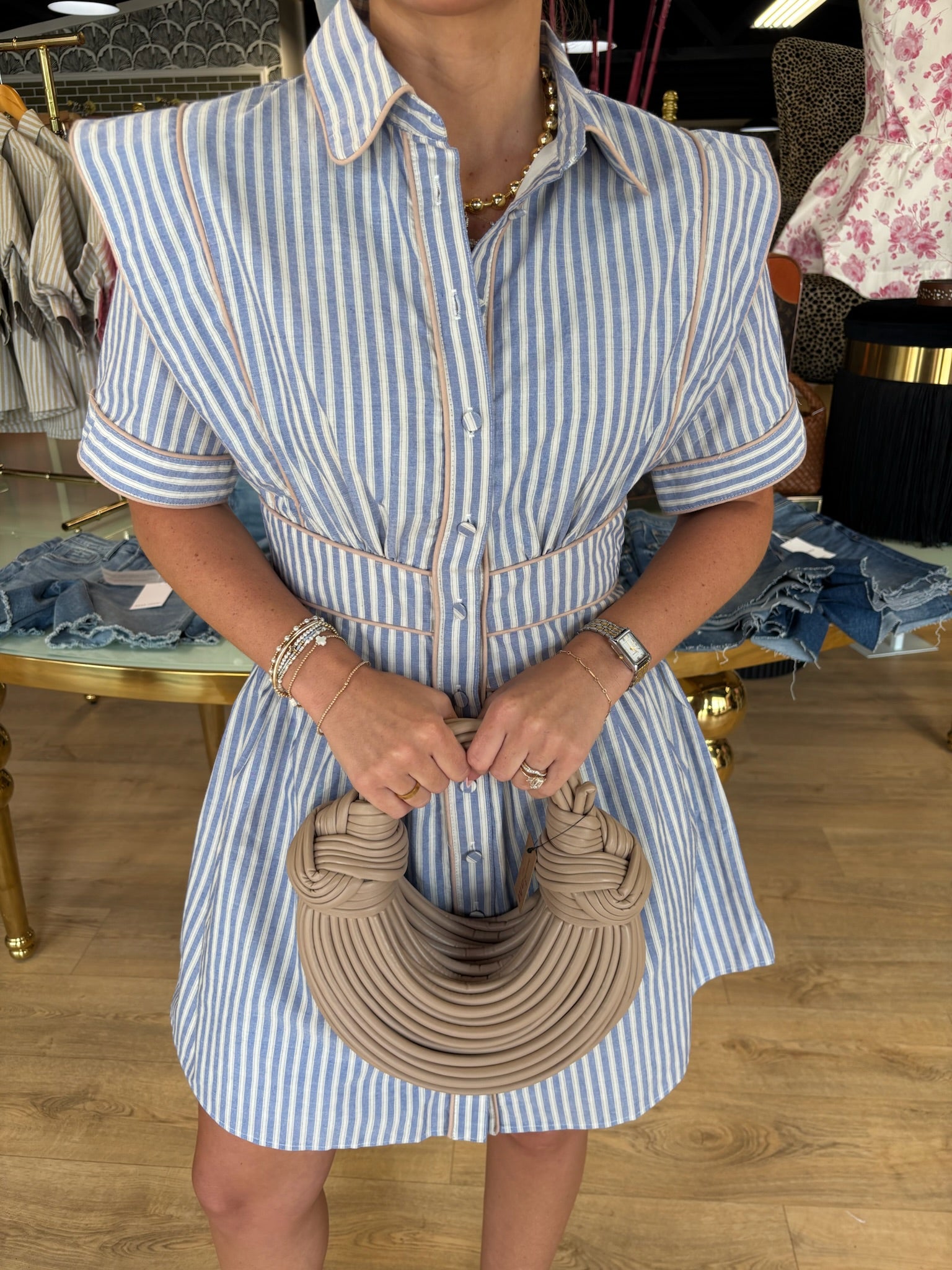 karlie stripe pocket piped shirt dress in blue