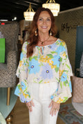 sadie & sage fresh cut ruffle blouse in cream multi