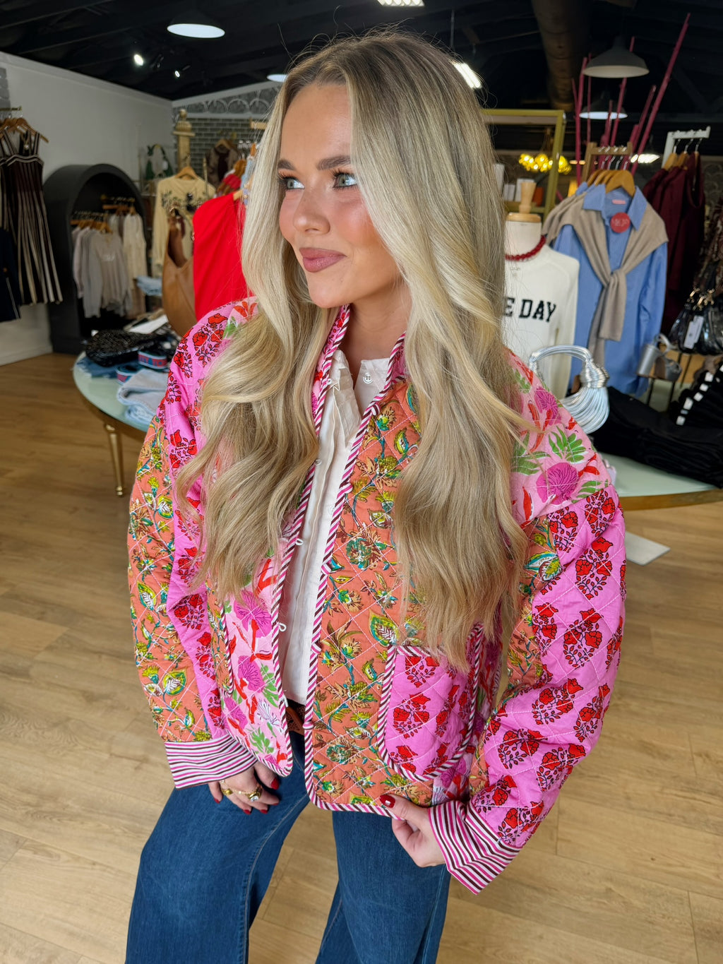 soho patchwork quilted jacket in multi pink