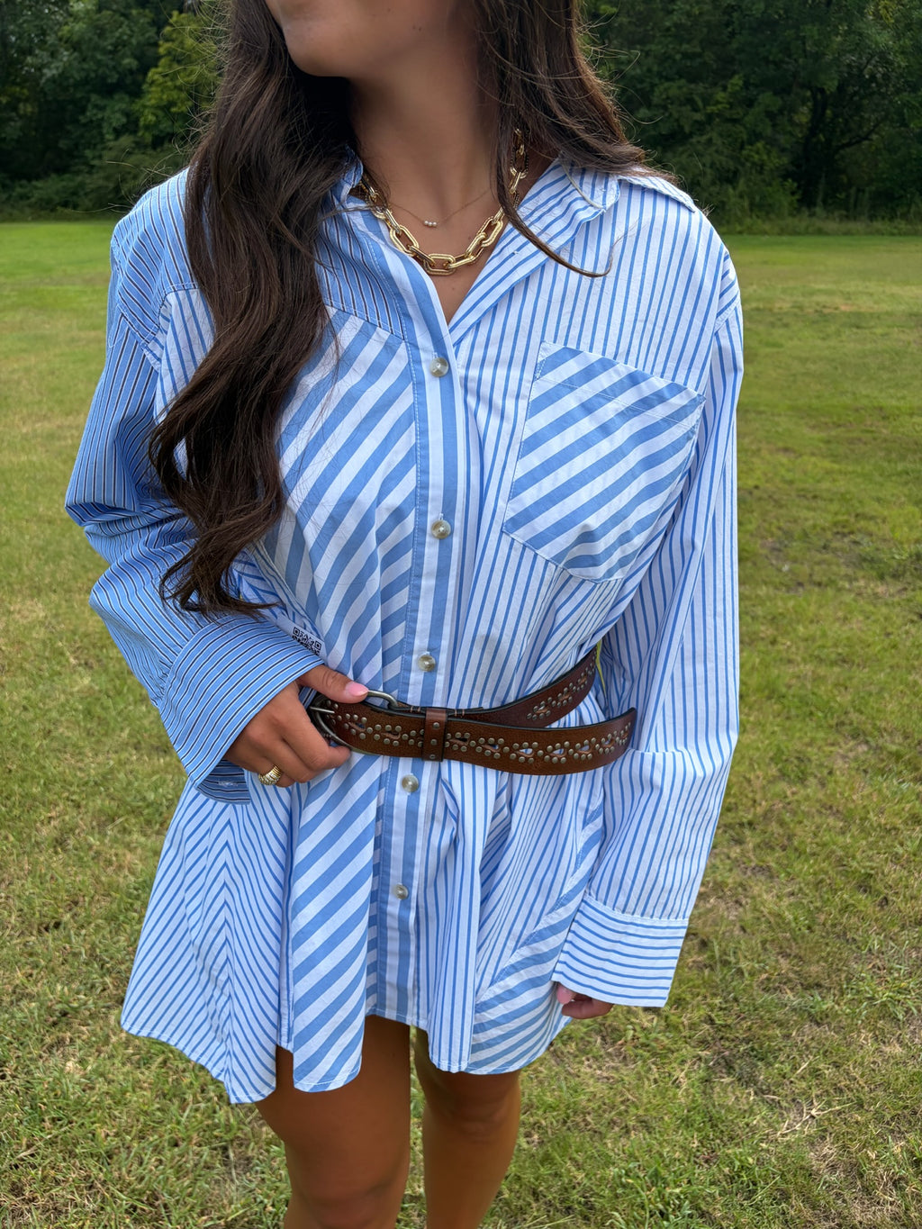 free people oxford club mini shirt dress in cornflower combo