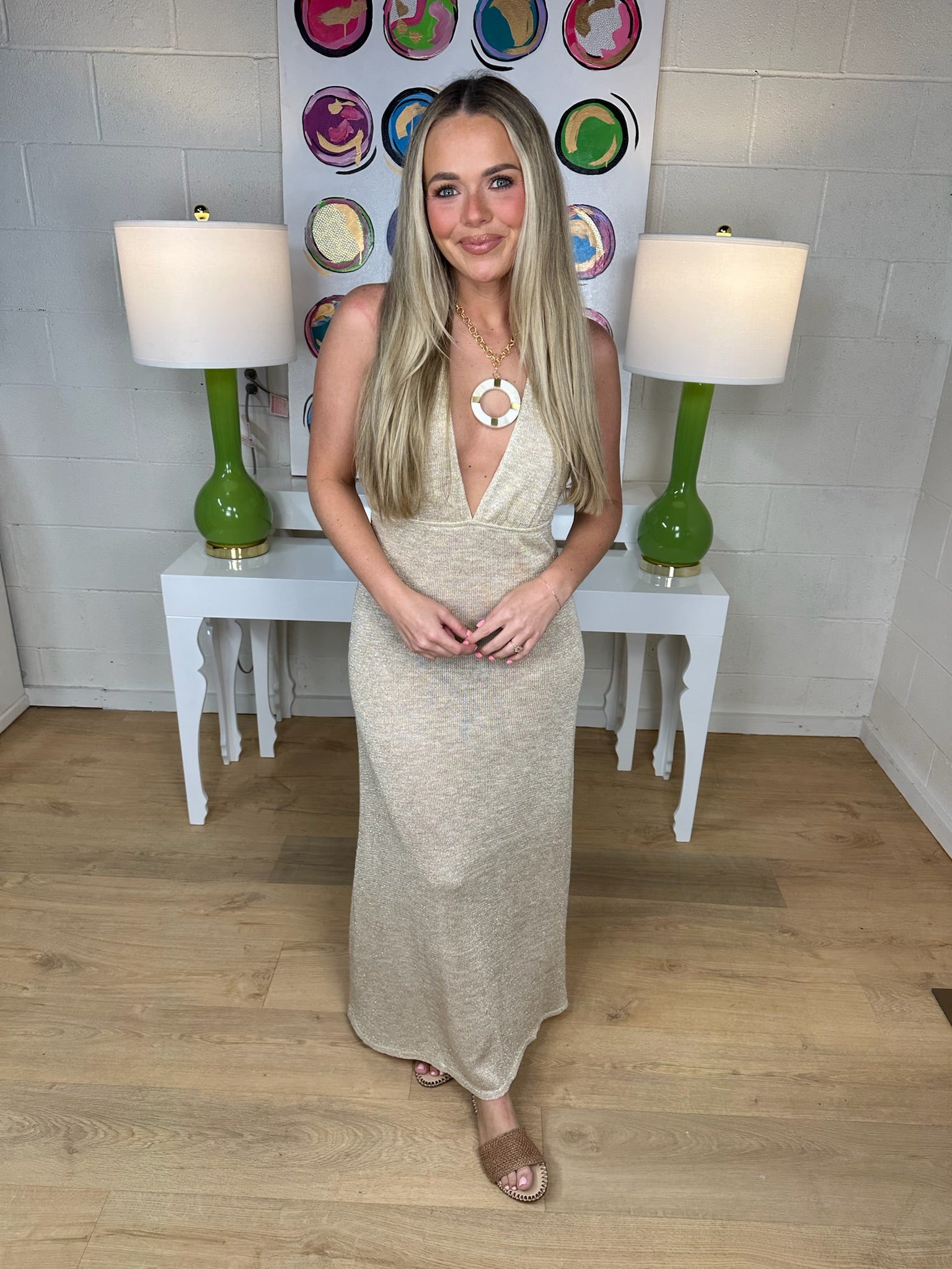 elan maxi plunge with slit in beige