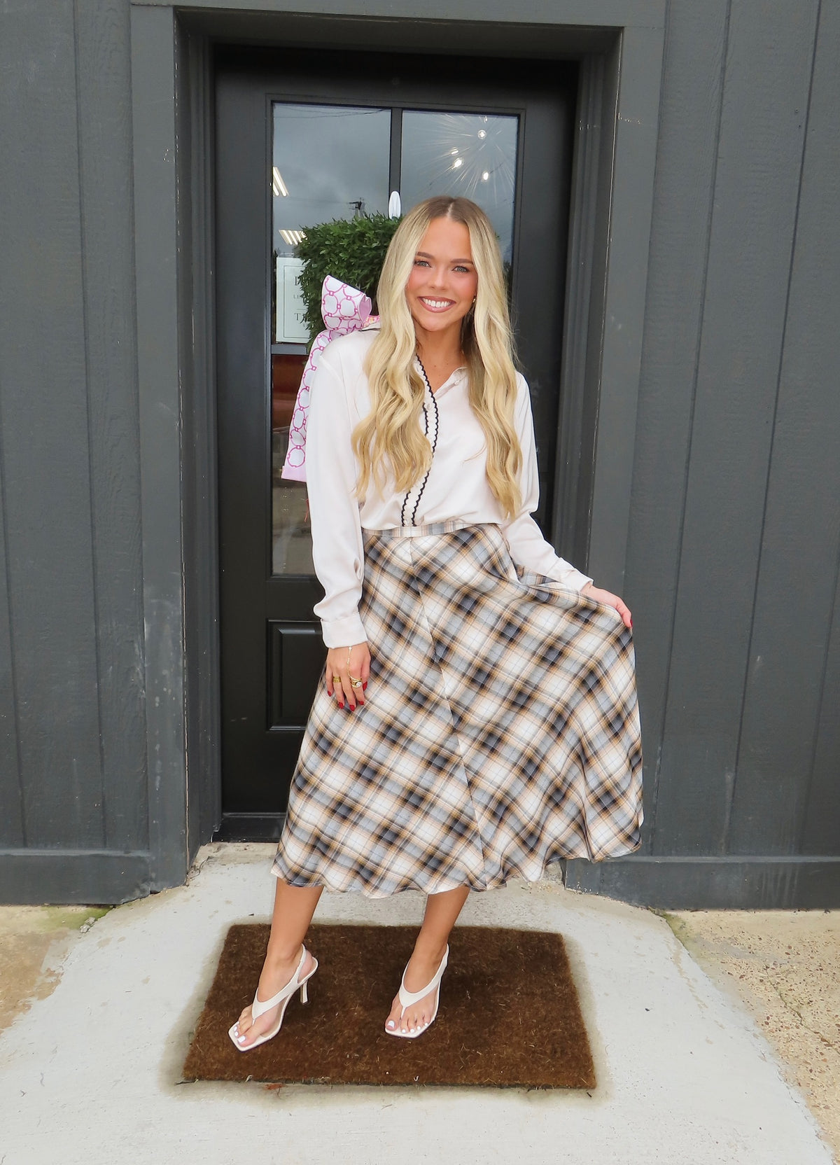 sage the label cambridge midi skirt in navy plaid