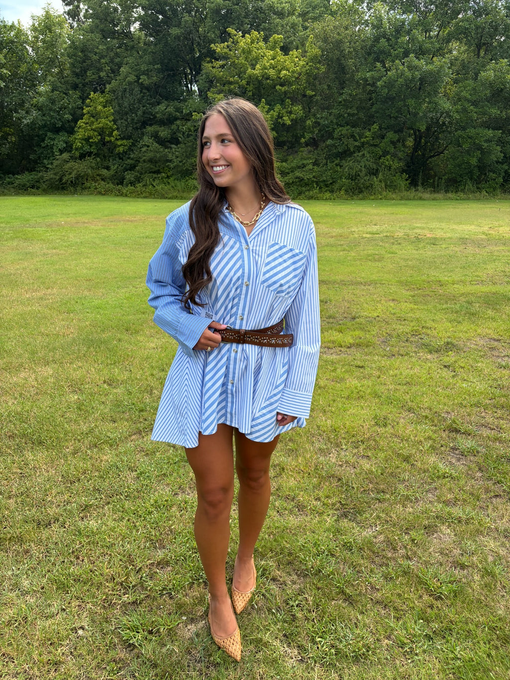 free people oxford club mini shirt dress in cornflower combo