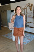 sadie & sage its pouring sleeveless top in dark chambray