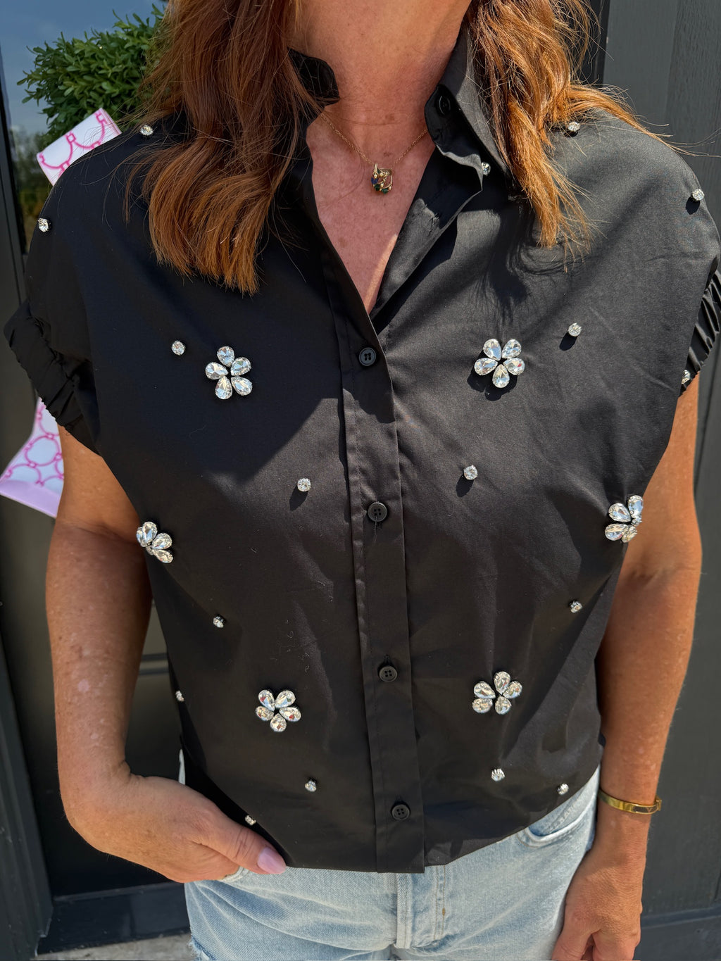 karlie jeweled poplin top in black