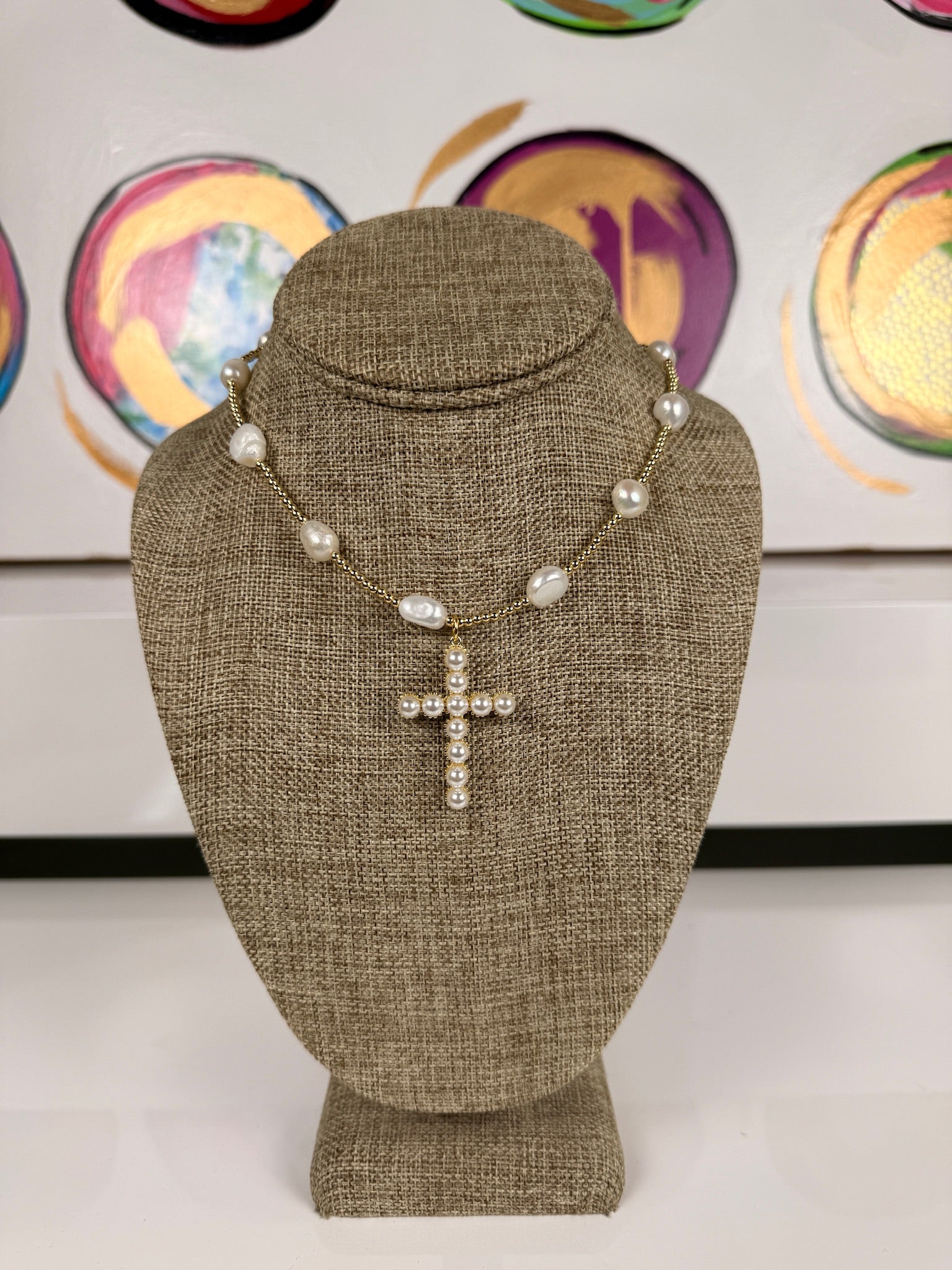 jennifer thames pearl beaded necklace with pearl cross