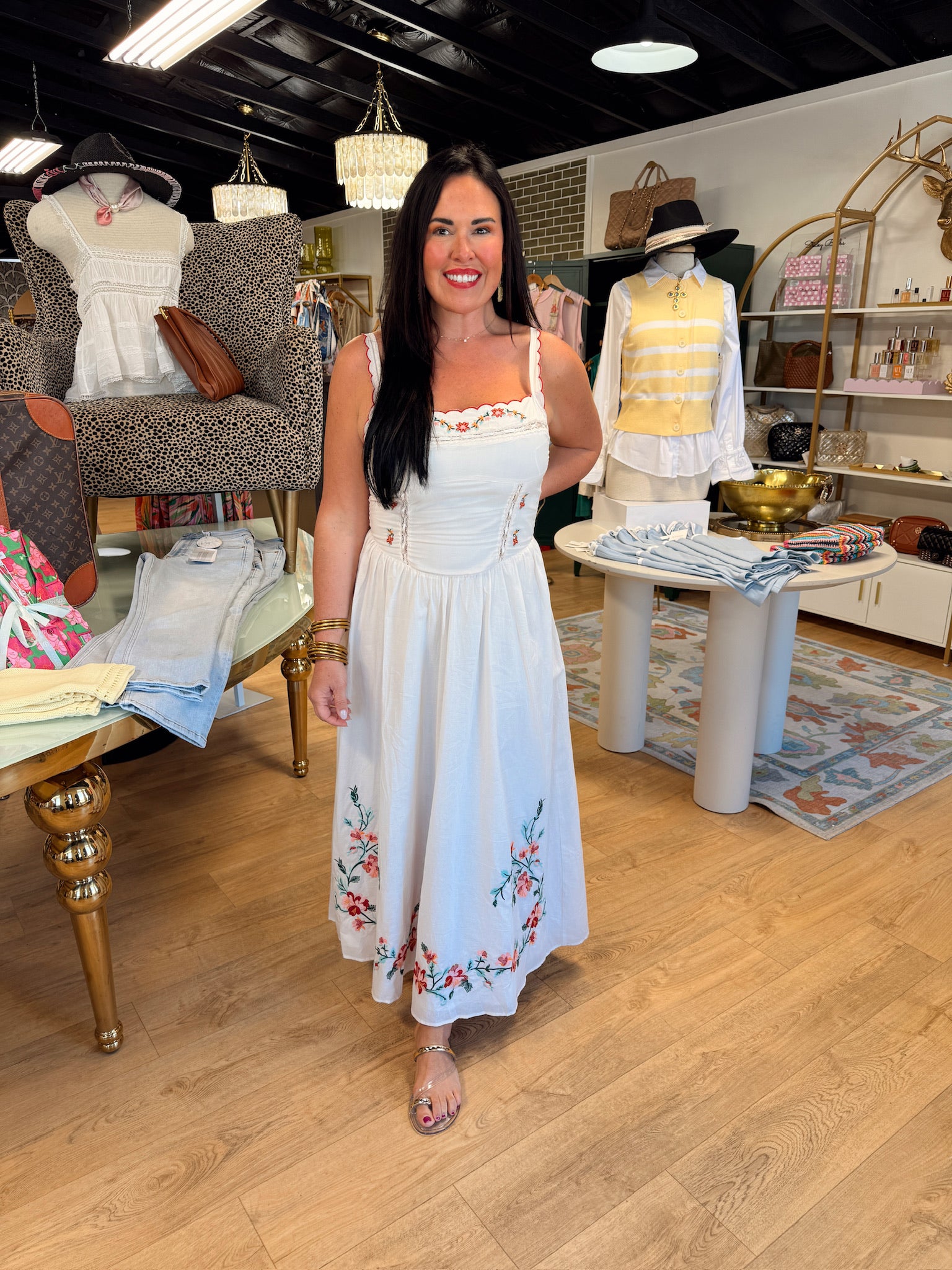 moon river sleeveless scallop edge lace trim embroidered corset detail midi dress