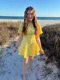 zoe and claire short flower lace dress in yellow