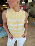 deluc mykonos knit vest in buecs butter with ecru stripes